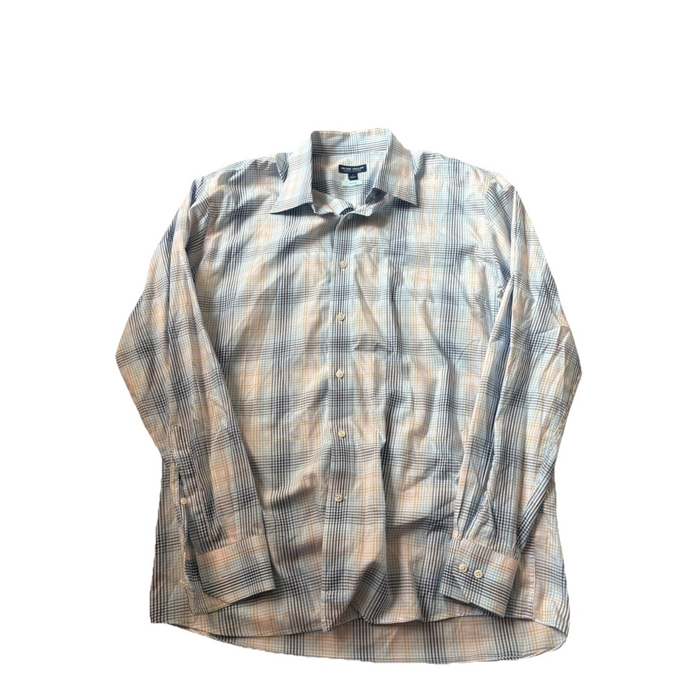Peter Millar Crown Crafted Mens L Flex Finish Blue White Plaid Button Up Shirt